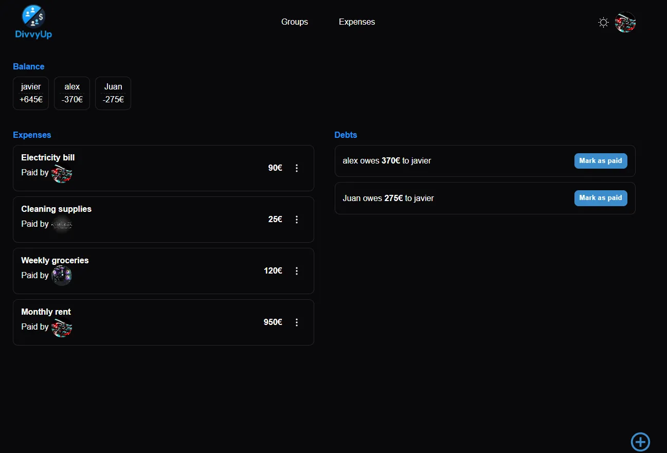 DivvyUp group balances and expense list